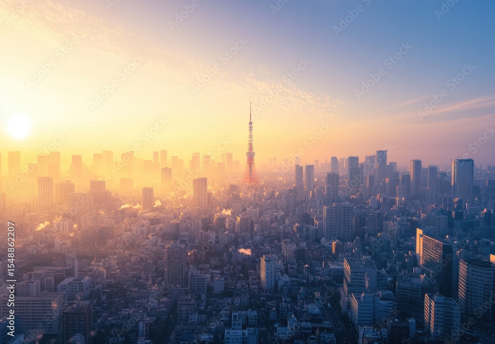 Fototapeta premium City skyline at sunrise, hazy