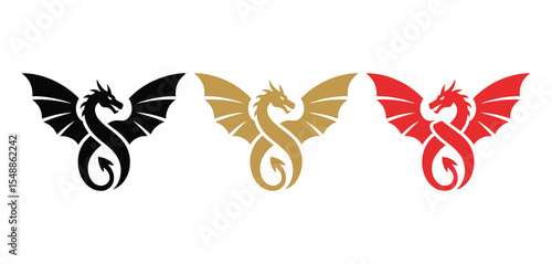 Three Dragon Silhouettes in Black Gold and Red