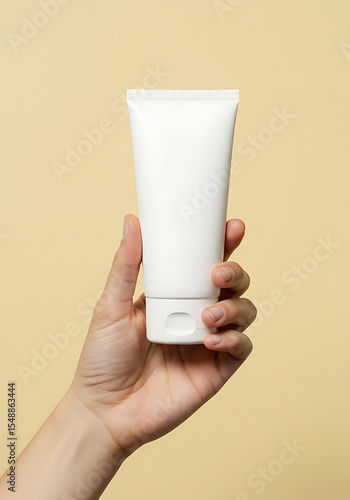 A hand holds a white, unbranded cosmetic tube against a light beige background, perfect for a skincare product mockup.
