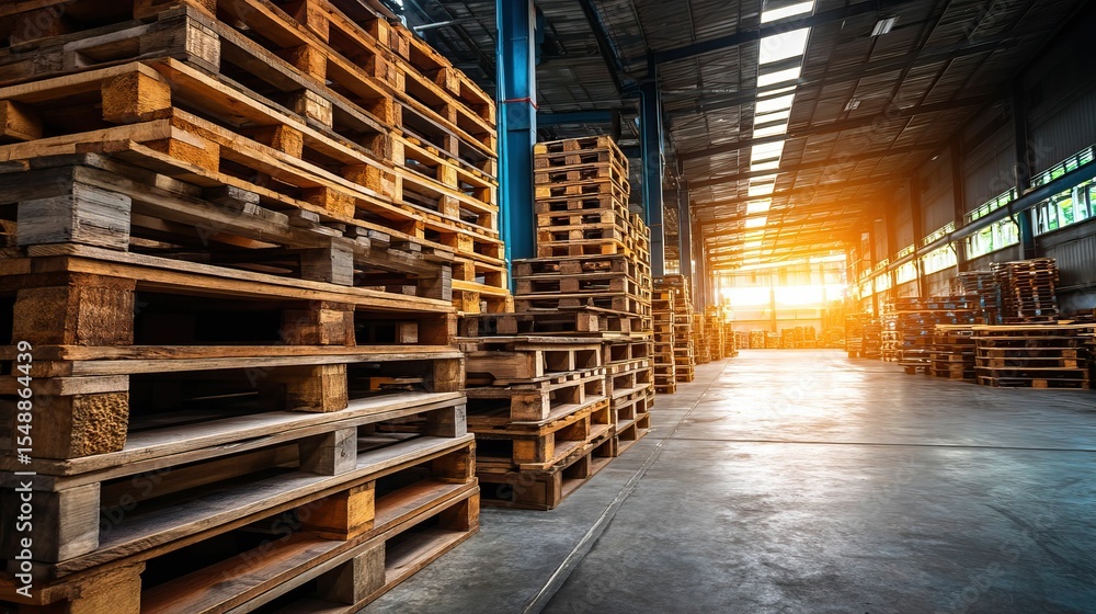 Warehouse interior filled with stacks of wooden pallets, bright sunlight Warehouse interior filled with stacks of wooden pallets, bright sunlight