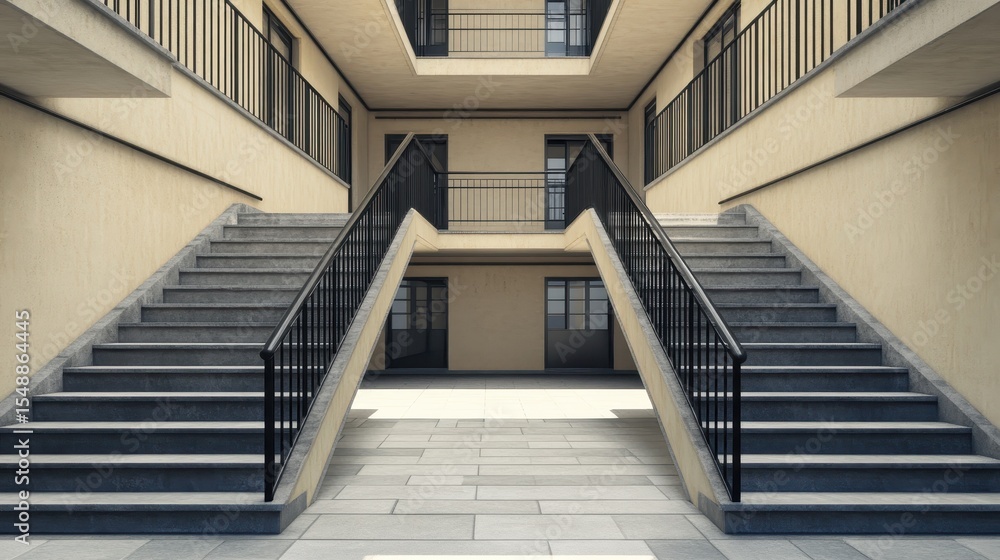 Fototapeta premium Hallway Perspective of Apartment Building Stairs with Concrete Steps and Black Railings on Beige Walls