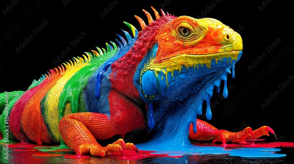 Obraz premium Colorful iguana dripping with vibrant paint on black background