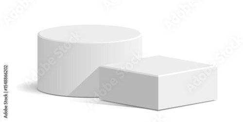 Cylinder and cube blocking white podium stage pedestal and platform vector, a minimalist display composition. Ideal for product showcases, geometric presentations, and modern abstract backdrops.