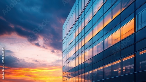 Contemporary glass building reflecting a captivating twilight gradient sky