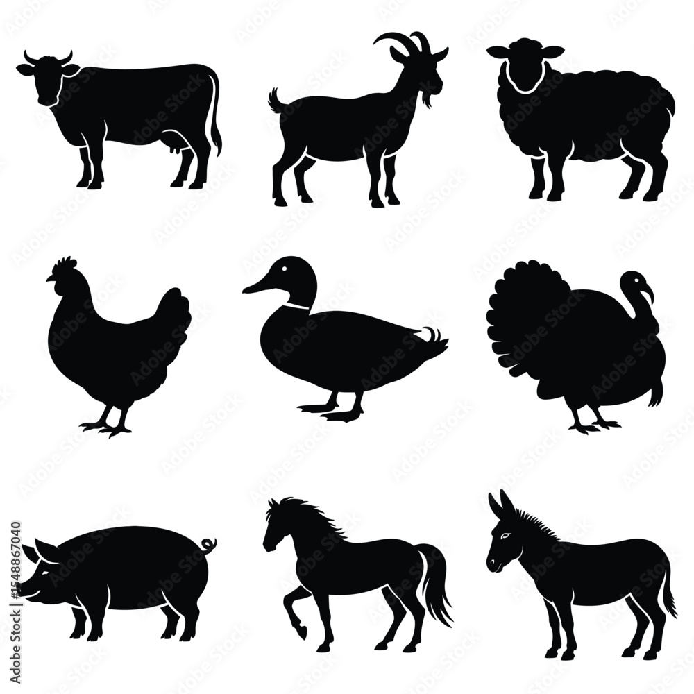 Fototapeta premium Nine Black Silhouettes of Farm Animals on White Background Cow Goat Sheep Chicken Duck Turkey Pig Horse Donkey