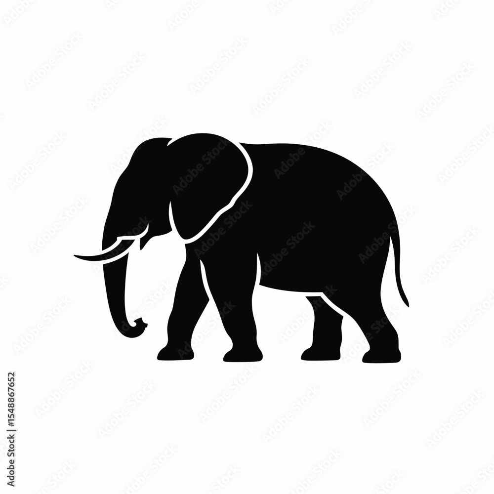 Fototapeta premium Black Silhouette of an Elephant Walking on White Background Simple African Animal Graphic Design Element