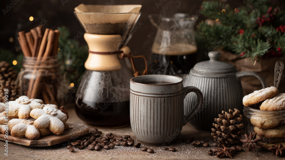 Fototapeta premium Coffee brewing items with holiday backdrop