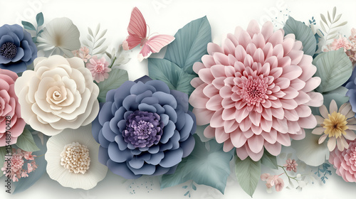 3d render, horizontal floral pattern. Abstract cut paper flowers isolated on white, botanical background. Rose, daisy, dahlia, butterfly, leaves in pastel colors. Modern decorative handmade design 