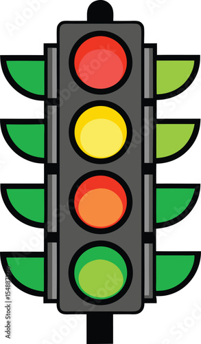 Cartoon Traffic Light with Four Lights Displaying Red Yellow Orange and Green with Green Visors on Each Side Isolated on White This cartoon