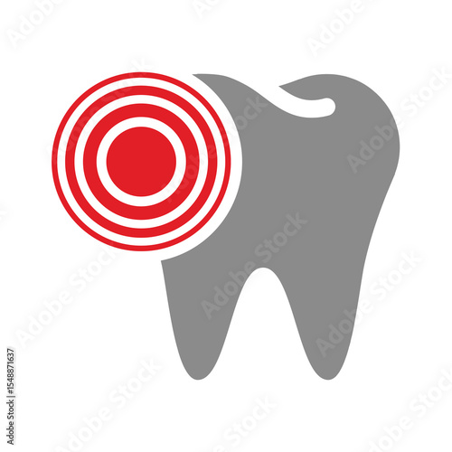 Toothache with tooth and red circle. Cavity, teeth decay and pain or ache vector icon.