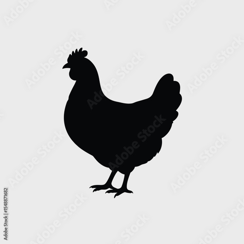 Black Silhouette of a Hen Standing on a Light Gray Background Simple Chicken Icon Farm Animal Graphic Design Element
