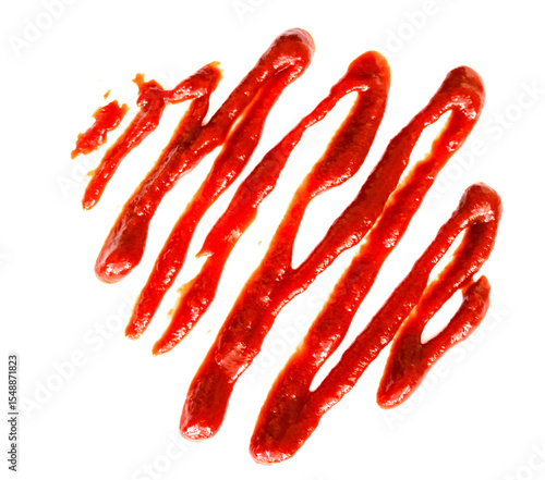 A vibrant red sauce artistically drizzled on a white background, suggesting use in food presentation.