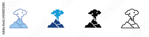 Volcano Eruption Icon Set - Smoke Plume, Cracked Mountain, and Explosion Symbols in Color, Flat, and Outline Styles for Web and App Design