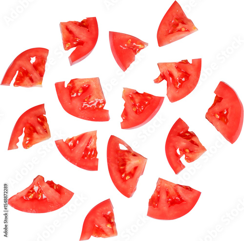 A collection of sliced tomatoes arranged artistically.