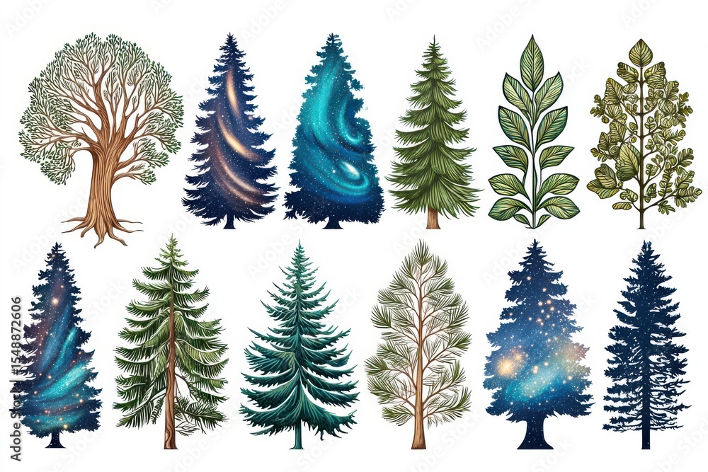Obraz premium Pixel Art Tree Collection Diverse Coniferous and Deciduous Trees with Galaxy Backgrounds