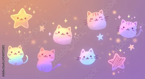 Adorable Pastel Rainbow Cats and Stars Cute Kawaii Cartoon Illustration for Kids Phone Wallpaper