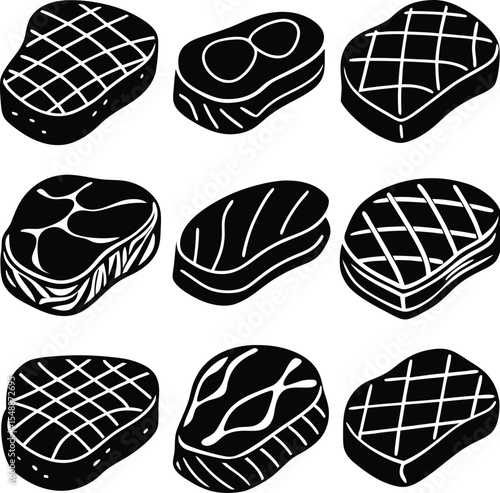 Monochrome Vector Illustration of Various Steak Cuts and Cooking Styles Arranged in a Grid Pattern on a Clean White Background Culinary Delight This
