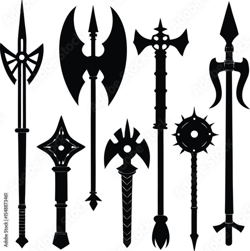 Silhouette Illustration of Fantasy Medieval Weapons Polearms Axes and Maces Displayed Against a White Background Demonstrating Variety and Design Elements This image presents