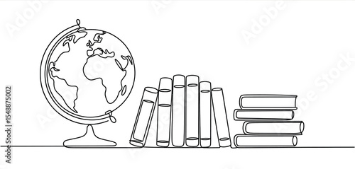 World Globe and Stack of Books in One Line Drawing