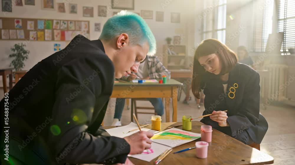 Young Artists Exploring Creativity and Imagination Through Painting in a Sunny Art Class Young Artists Exploring Creativity and Imagination Through Painting in a Sunny Art Class