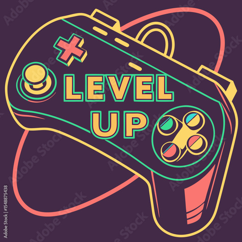 Retro game controller level up graphic design