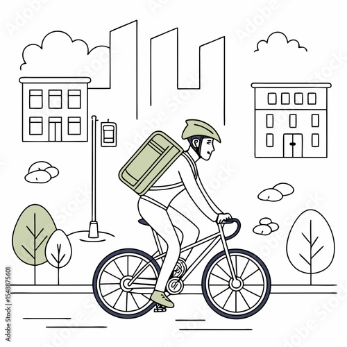 Delivery person riding bicycle in city