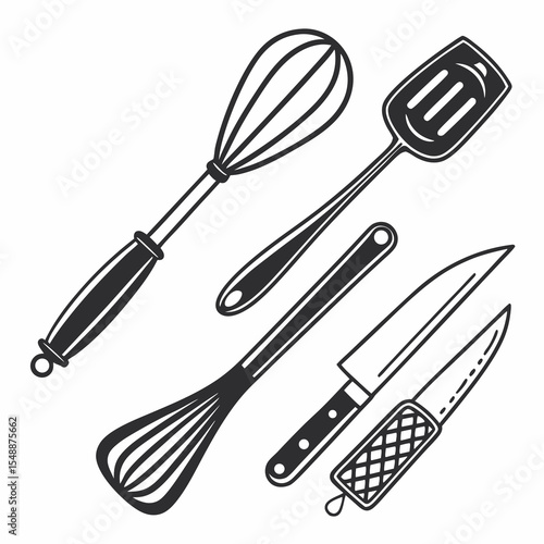 Kitchen utensil collection whisk spatula knife scourer