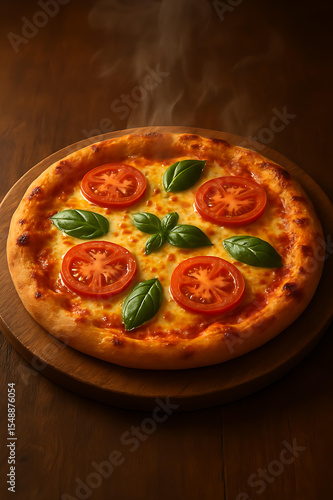 Delicious Italian pizza with salami, tomatoes, and melted mozzarella cheese, served on a wooden board