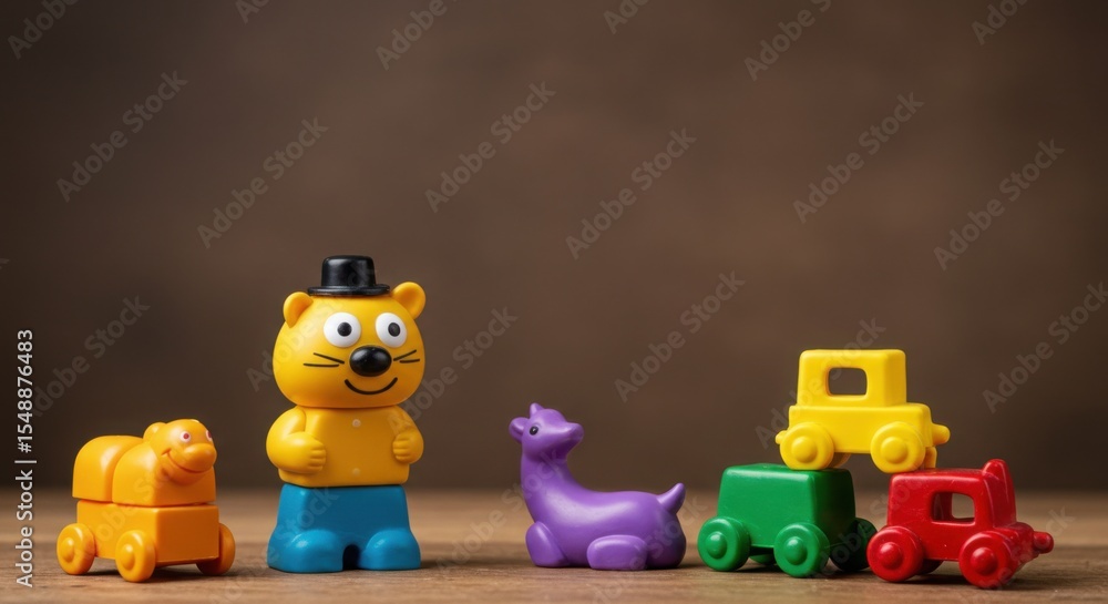 Fototapeta premium Playful arrangement of colorful toy figures on a wooden surface against a dark brown backdrop
