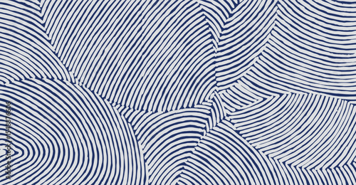 Hand drawn brush lines abstract overlapping circle shapes pattern in white and blue, Japanese and ethnic wood carving, basketry texture background, simple graphic for textile, carpet, decoration