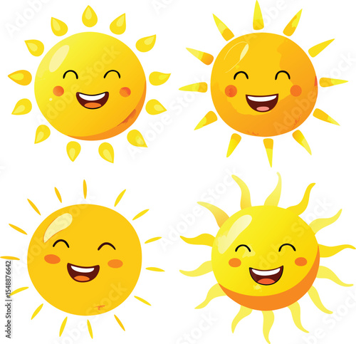Four Smiling Sun Illustrations with Different Ray Styles Cheerful Expressions and Warm Yellow Colors on a Clean White Background Perfect for Children s Designs