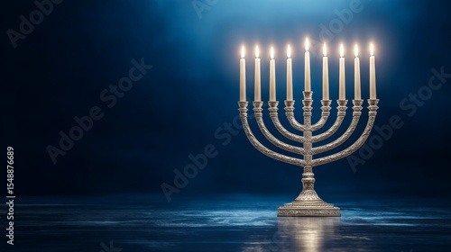 Illuminated menorah on reflective surface with blue background