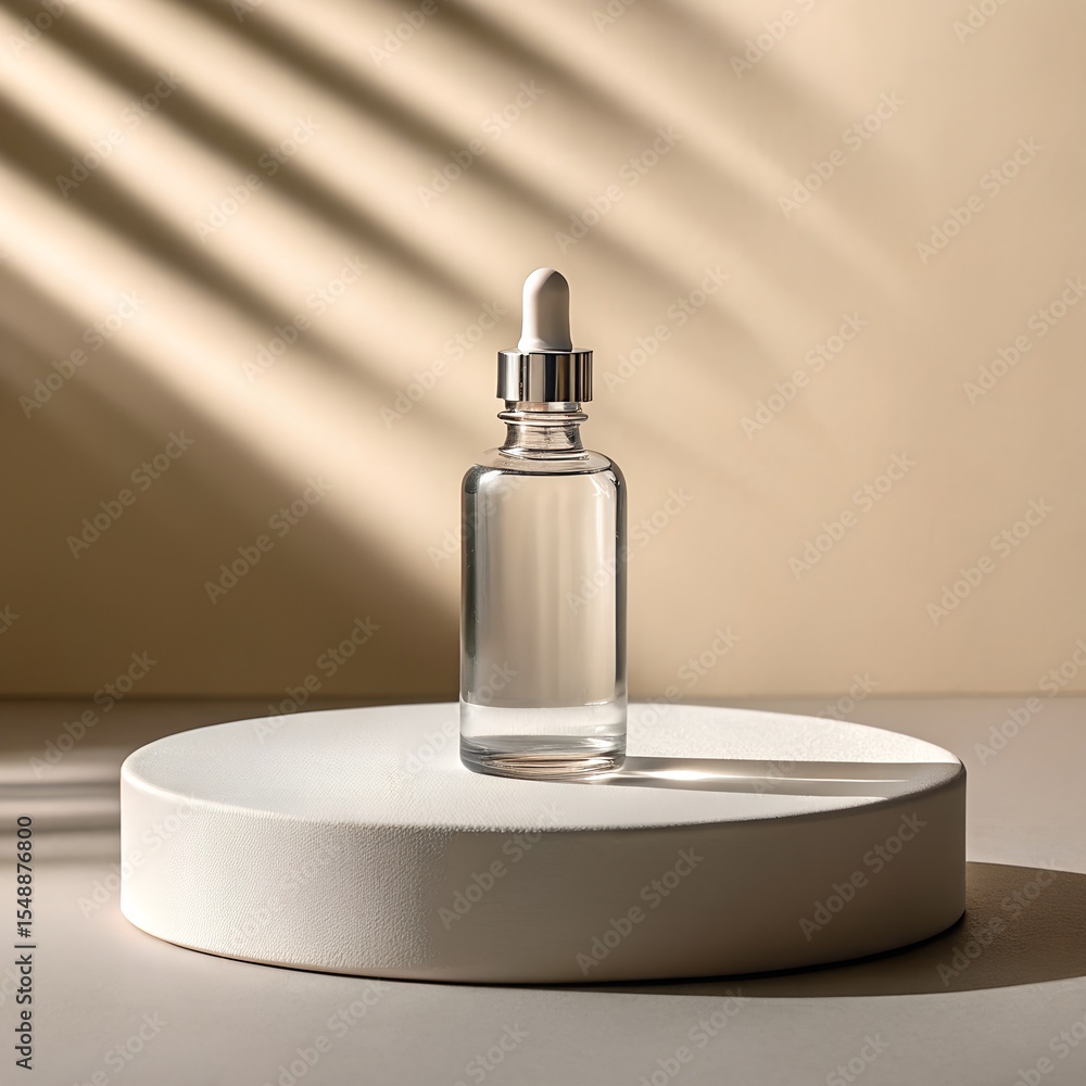 Naklejka premium Elegant Dropper Bottle on Pedestal with Plant Shadow