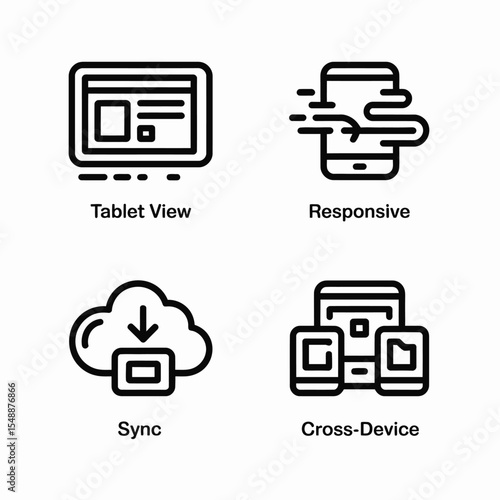 Four Black Line Icons Depicting Tablet View Responsive Design Sync and Cross Device Functionality on White Background