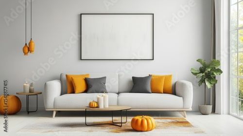 Autumnal home interior with pumpkin decor and blank frame ready for customization