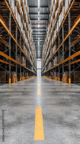 Warehouse aisle with tall shelves, boxes,vertical video