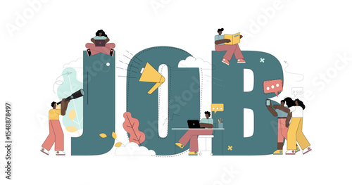 Job concept. Search and offer of vacancies. Labor market. Little people are looking for work.eps