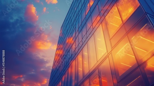 Modern architecture meets vibrant skies reflecting on a glass building