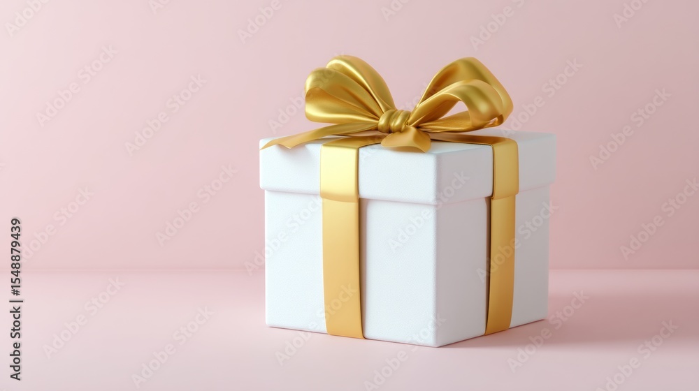 Obraz premium Elegant white gift box with gold ribbon on pink background