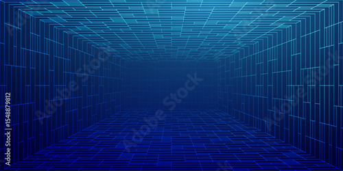 Game metaverse with grid in 3D VR background featuring neon line art and futuristic light. Digital floor and space form a wireframe arcade world. Vector retro synthwave design.