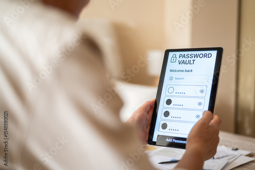 Business manager accessing password vault on tablet, enhancing cybersecurity and protecting sensitive information in modern office environment