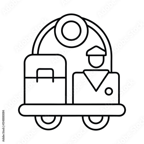 Illustration of a baggage cart with a porter and luggage in a minimalist line art style.