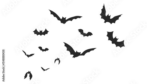 Dark flying bat silhouettes in a creepy Halloween swarm. Isolated vector design with spooky night atmosphere. Great for horror, Dracula, or gothic graphics.