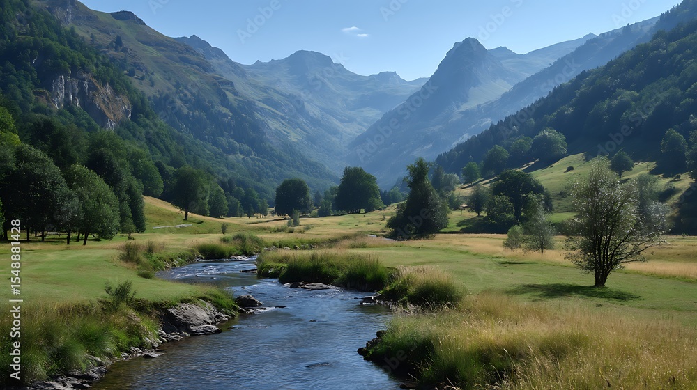Mountain River Flows Through Green Valley Landscape Mountain River Flows Through Green Valley Landscape