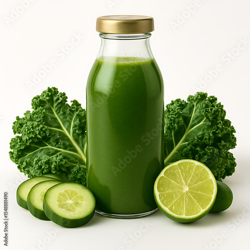 Fresh green vegetable juice in a glass with isolated organic fruits and vegetables is a healthy diet drink