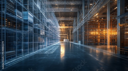 Fototapeta Naklejka Na Ścianę i Meble -  Interior of a large, empty warehouse with high metal racks. The modern industrial design is accentuated by dark blue background and minimal wireframe detailing, emphasizing open space.