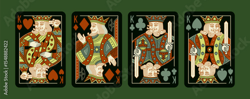 King playing poker cards set in Black design. Editable stroke lines. Spades Hearts Diamonds and Clubs suits. Vector colorful illustration.	