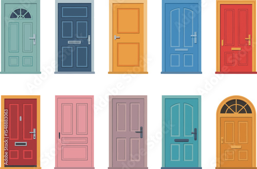Open and closed door collection. Cartoon entrance and exit doors with handles and frames, home exterior architecture concept. Vector set
