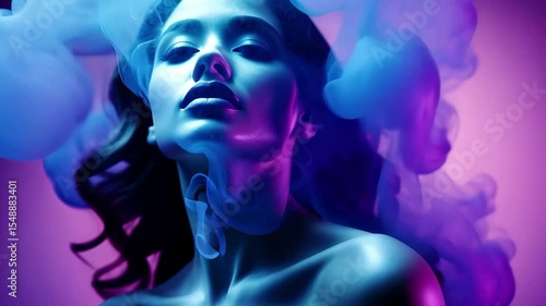 A mystical figure surrounded by swirling smoke glows in vibrant neon hues, captured in an ethereal moment that blends beauty and mystery within a dreamlike atmosphere
