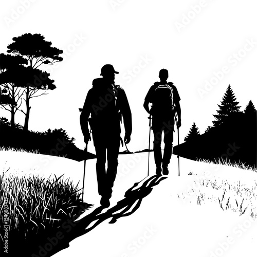 A silhouetted vector of a countryside trail with a hiker carrying a backpack.”